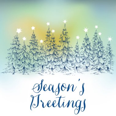 Noel gecesi manzarası. Çam ağaçları ormanları ve Noel yıldızları