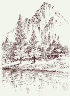 Dağlarda kulübe, kış mevsiminde çam ormanı el çizimi.