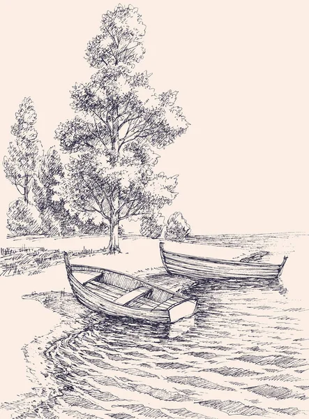 Порожні Човни Березі Паркового Озера Рука Малює Пейзаж — стоковий вектор