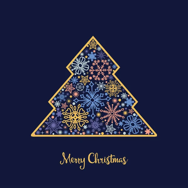 Árbol Navidad Abstracto Hecho Copos Nieve Colores Brillantes Borde Dorado — Vector de stock