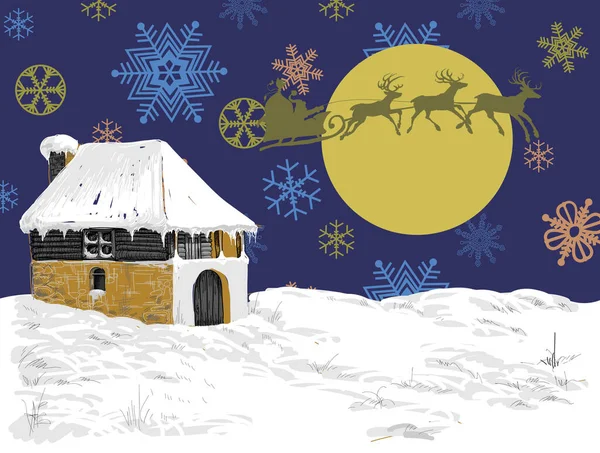 Рождественская Сцена Домик Снежном Ландшафте Сани Санта Клауса Снежинки Фон — стоковый вектор