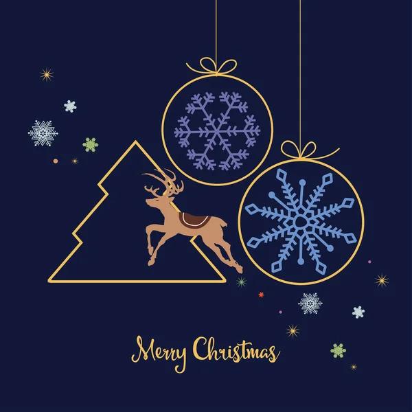 Kerstkaart Kleurrijke Sneeuwvlokken Ronde Kerstballen Ornamenten Rendieren Donkere Achtergrond — Stockvector