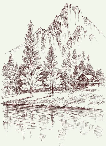 Cabaña Retiro Las Montañas Bosque Pinos Invierno Temporada Dibujo Mano — Archivo Imágenes Vectoriales