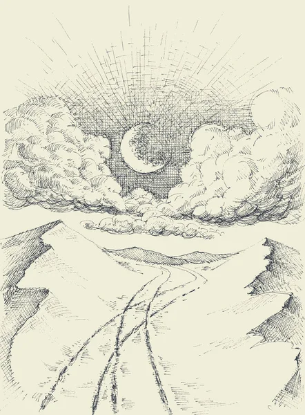 云彩和月亮笼罩着沙漠的沙丘 古色古香的沙漠夜景画 — 图库矢量图片