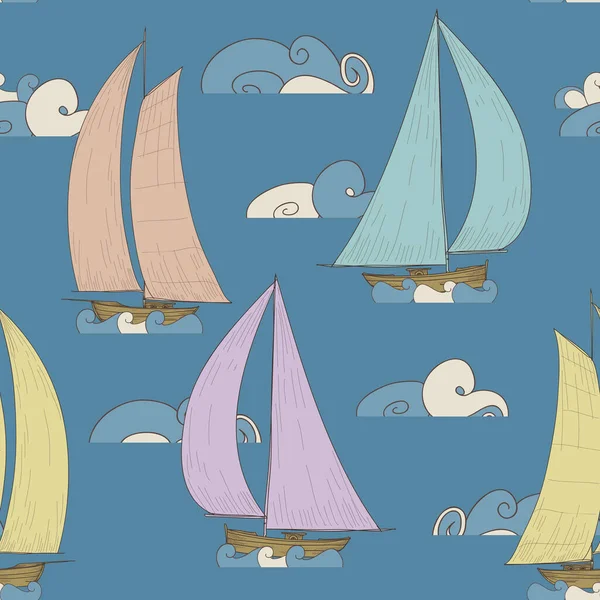 Boats Sailing Sea Waves Cartoon Seamless Pattern 스톡 벡터