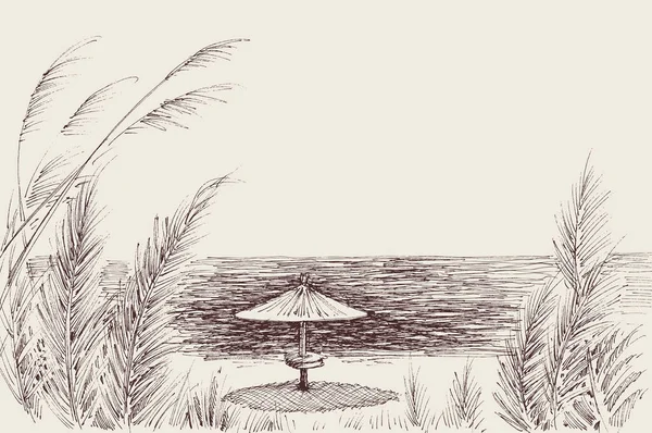 Sun Umbrella Sand Beach Vector Hand Drawing Graphismes Vectoriels