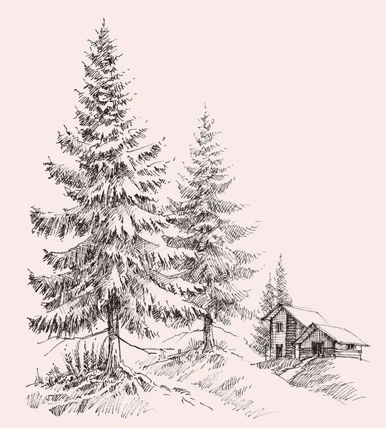 Alpine Landscape Sketch Mountain Cabin Pine Tree Forest Mountain Ranges Vecteur En Vente