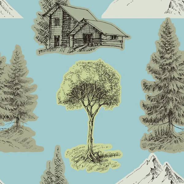 Alpine Forest Seamless Pattern Pine Trees Mountains Holiday Cabin Design 스톡 일러스트레이션