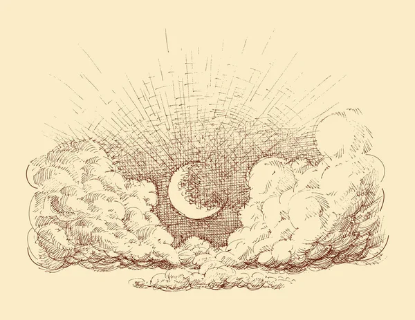 Clouds Crescent Moon Night Sky Hand Drawing — Stok Vektör