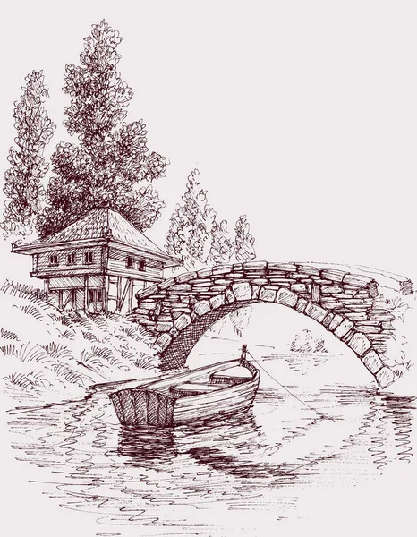 Stone Bridge River House Cabin Vector Illustration — Stock Vector
