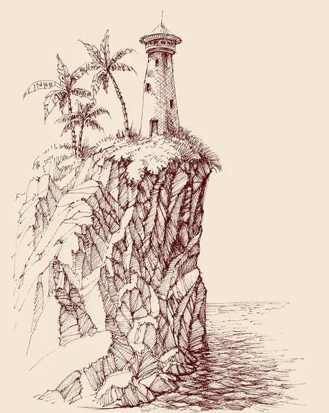 Lighthouse Rocky Sea Shore Hand Drawing Ilustrações De Stock Royalty-Free