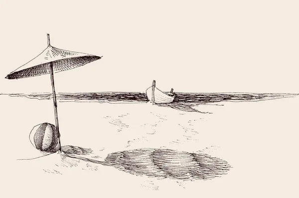 Sun Umbrella Sand Ball Beach Rowing Boat Shore Stock Vektory