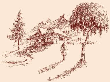 Wooden house cabin retreat in the mountains drawing