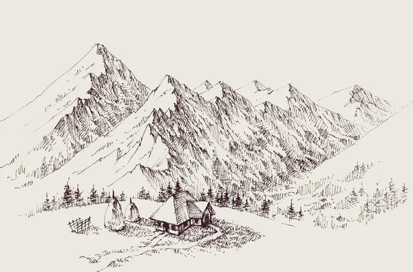 Isolated Alpine Farm Hand Drawing Mountains Ranges Background —  Vetores de Stock