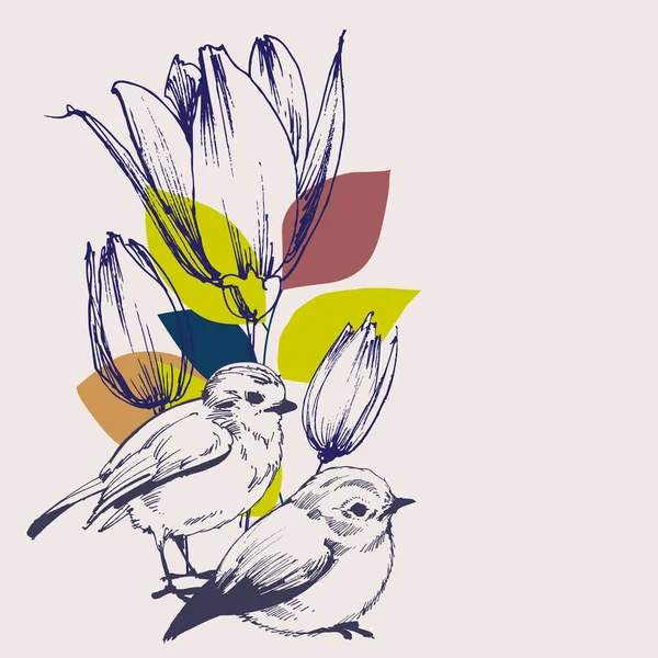 鳥とチューリップの花春のグリーティングカード — ストックベクタ