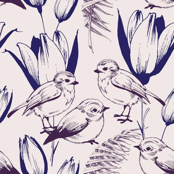 Vögel Und Tulpenblumen Niedlichen Frühling Nahtlose Muster — Stockvektor