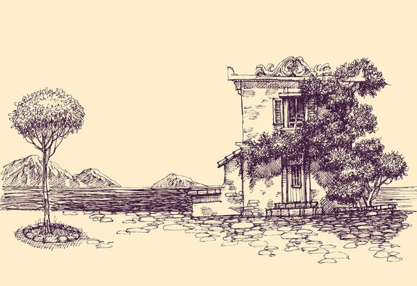 Ivy Casa Coperta Sulla Riva Del Mare Montagne Paesaggio — Vettoriale Stock