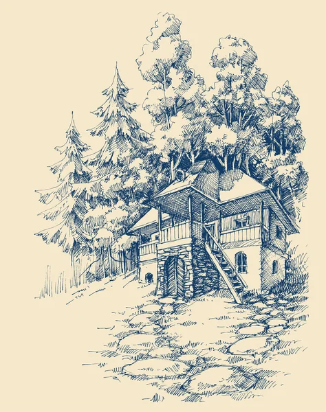 森の中の木と石の家の小屋の隠れ家 — ストックベクタ