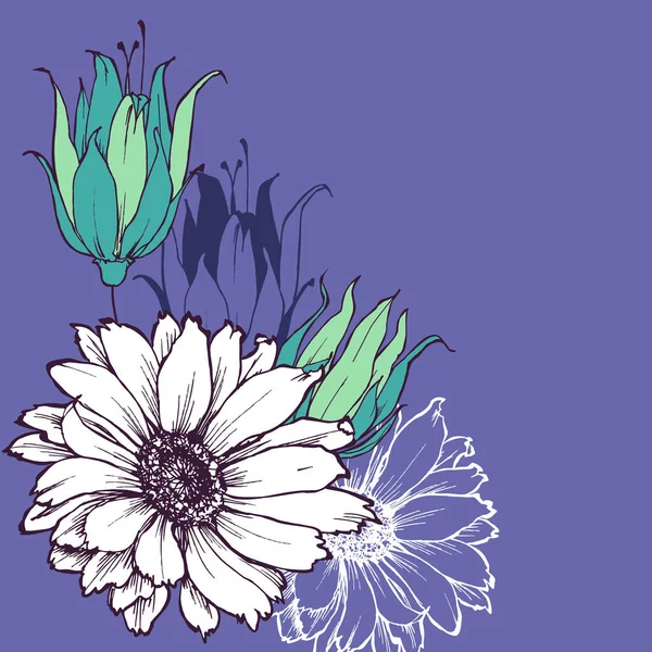 手描きの花のコーナー装飾 様々なイベントのための美しいデイジーデザイン — ストックベクタ
