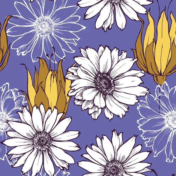 Daisy Tulp Bloemen Lente Bloemen Naadloos Patroon — Stockvector
