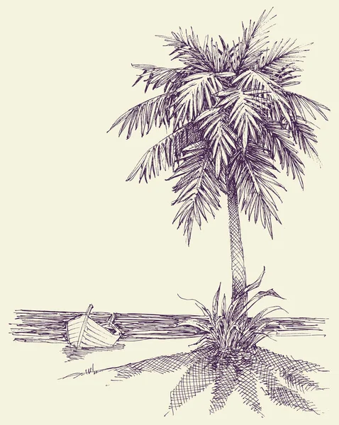 Dřevěný Člun Mořském Břehu Palma Plážové Kresbě — Stockový vektor