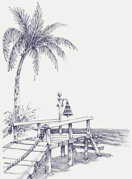 Beach Wooden Bridge Sand Path Sea Shore Drawing — Stock Vector
