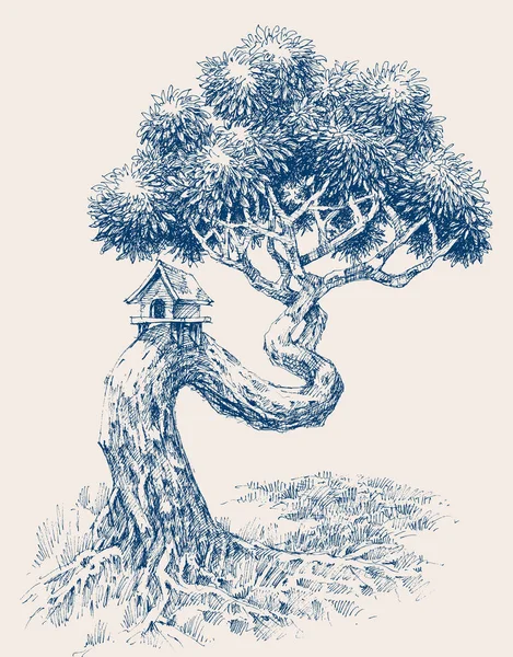 鳥の家が描かれたねじれた幹の木 — ストックベクタ