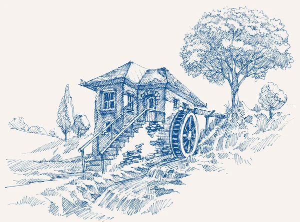 Старый Пейзаж Водяной Мельницы Рядом Ручным Рисунком — стоковый вектор