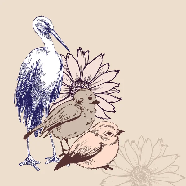 Bahar Kuşları Serçeler Leylek Çiçekleri — Stok Vektör