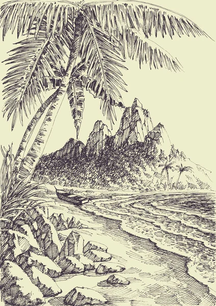 海滨和海上手绘 棕榈树和山水景观 — 图库矢量图片