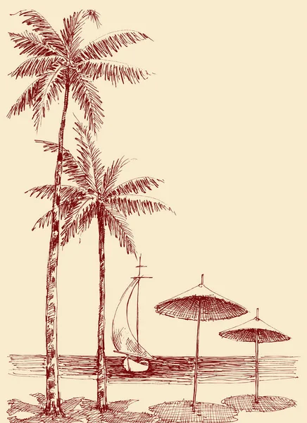 Beach Drawing Sun Umbrellas Sand Palm Trees Boat Sailing — Stock Vector