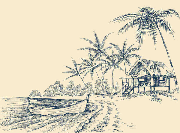 Beach drawing, empty wooden boat on shore, a small wooden house and palm trees