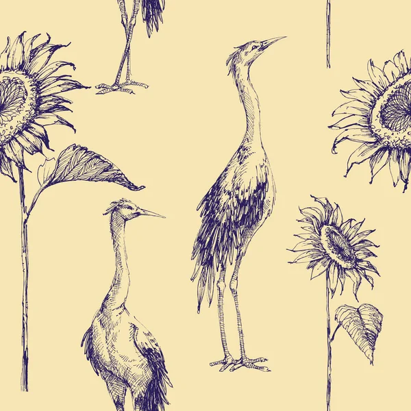 Jeřábi Ptáci Slunečnice Ručně Kreslený Vzor — Stockový vektor