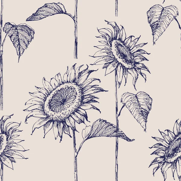 Sonnenblumenfelder Von Hand Gezeichnet Nahtloses Muster — Stockvektor