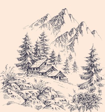 Dağ evi, çam ağaçları orman taşıyıcı el çizimi