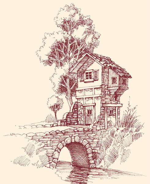 Rustic house exterior sketch, stone bridge over river landscape