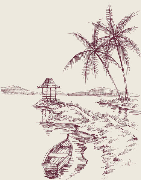 Gazebo on sea shore vector hand drawing