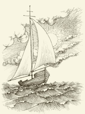 Deniz dalgaları üzerinde yüzen tekne vektör el çizimi