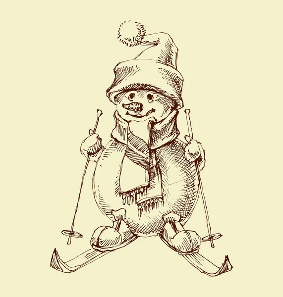 Karikatura Sněhulák Lyžování Izolované Ruční Kreslení — Stockový vektor