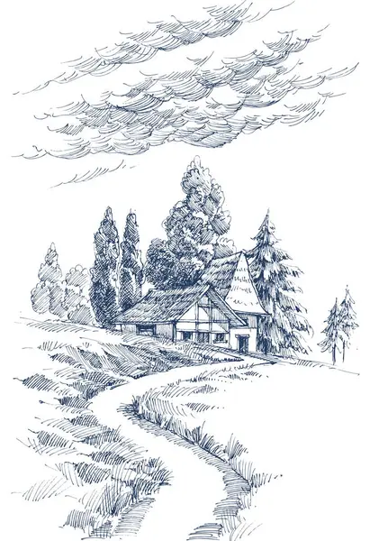 アルパインスケッチ 山の木の家 松の木の森の手のデッサン ストックベクター