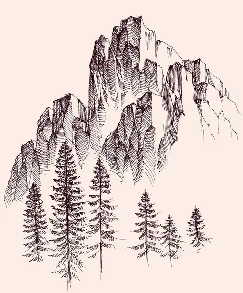 Hory Pohoří Ruční Kreslení Alpské Vegetace Pozadí Royalty Free Stock Vektory