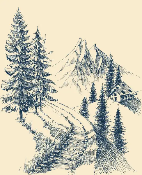 Sendero Montaña Bosque Pinos Paisaje Alpino Vector Dibujo Mano Ilustraciones De Stock Sin Royalties Gratis