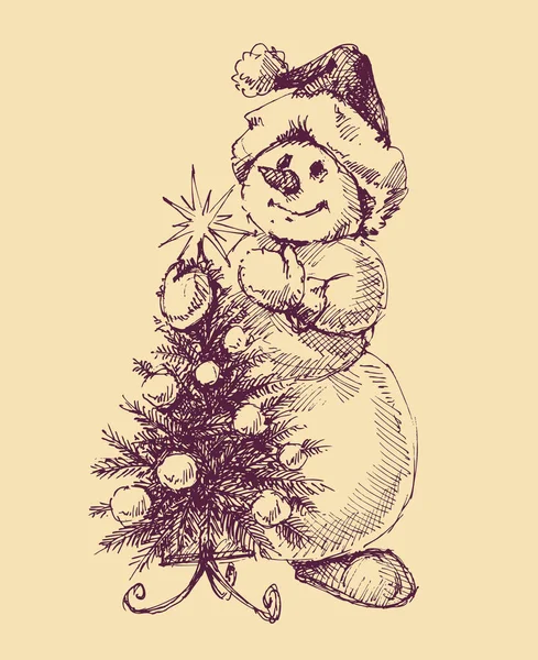 Vtipný Kreslený Sněhulák Vánoční Stromeček Izolované Kreslení Vektorová Grafika