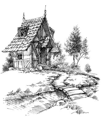 Küçük ahşap kulübe dış el çizimi