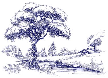 Küçük bir nehrin üzerinde ağaç olan kır manzarası