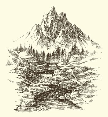 Dağ nehri ve şelale el çizimi