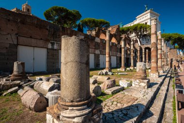 Roma Forumu, Roma, İtalya 'da kemerler ve sütunlar. Tarihi eserlerin antik kalıntıları. Colosseum ve Palatine Hill yakınlarındaki Foro Romano..