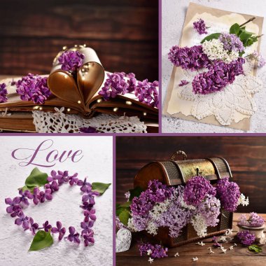 Love collage of 4 pictures with purple lilac blossoms in vintage style 
