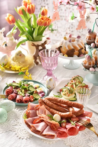 Easter Breakfast Platter Sliced Ham Sausage Salad Stuffed Eggs Pastries — Stock Photo, Image