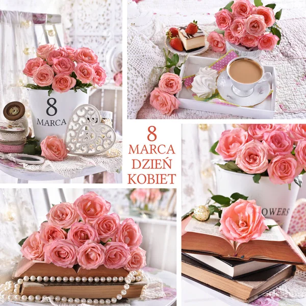 Collage Avec Bouquet Roses Pour Journée Femme Pologne Célébrée Mars — Photo